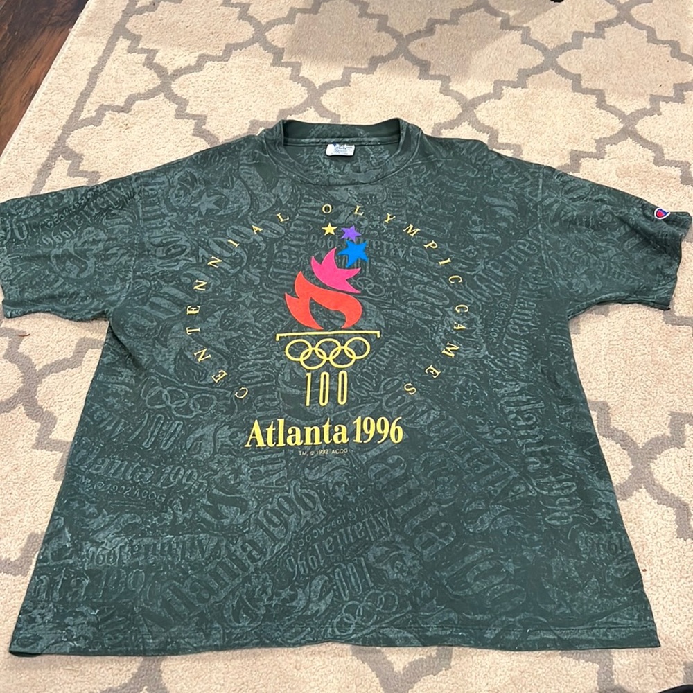 VTG Atlanta Olympics Tee Shirt Champion 1996 Green Allover Print 90s Size XL EUC